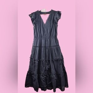 J. Crew V Neck Eyelet Trim Midi Spanish style tiered Dress with tassels, lined